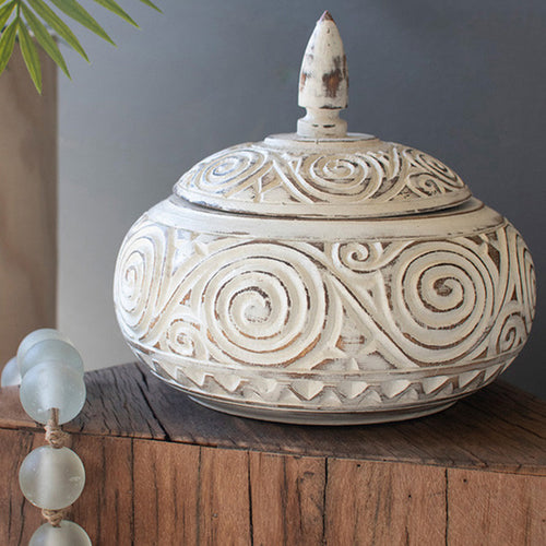 Natural and White Hand-Carved Wood Container with Lid