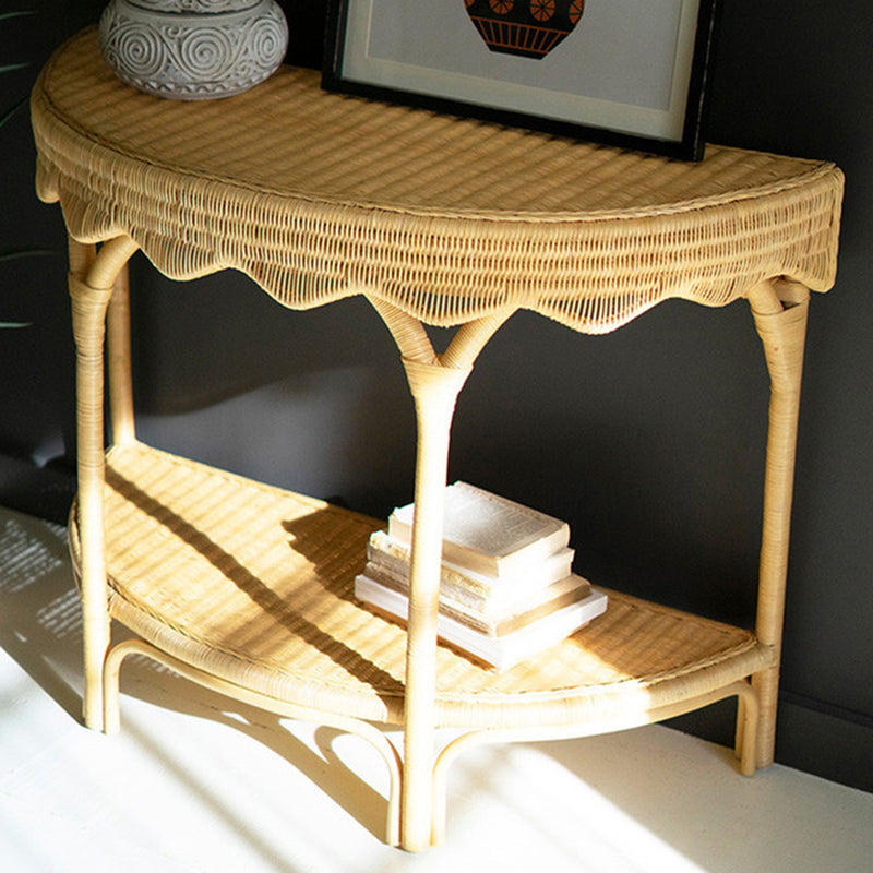 Rattan Double Shelf Demi-Lune Console Table