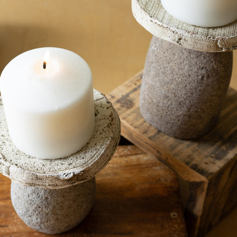 Clay and River Rock Pillar Candle Holder Set of 2