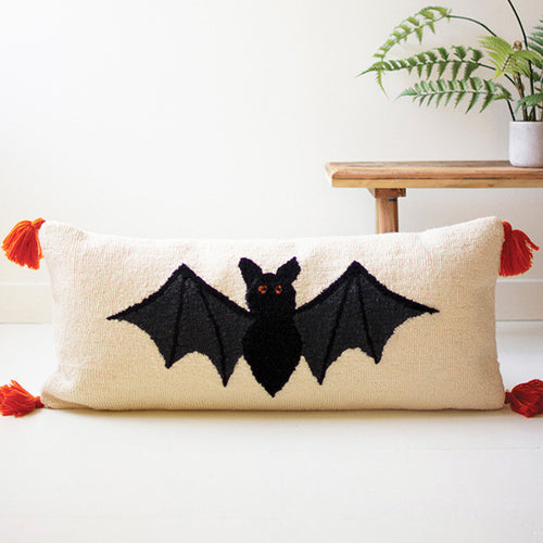 Halloween Bat Hand Hooked Pillow