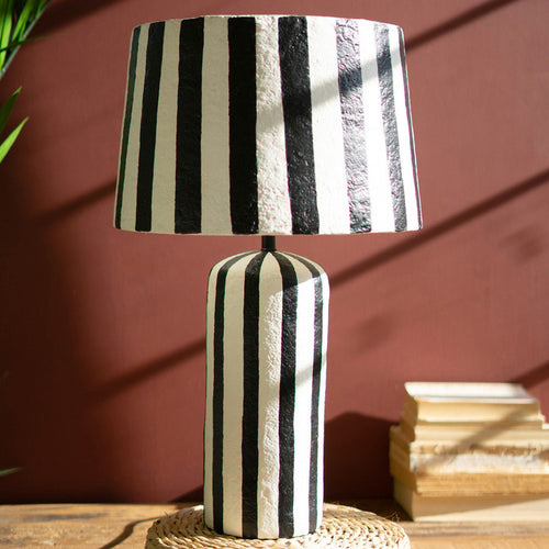 Striped Black and White Paper Mache Table Lamp