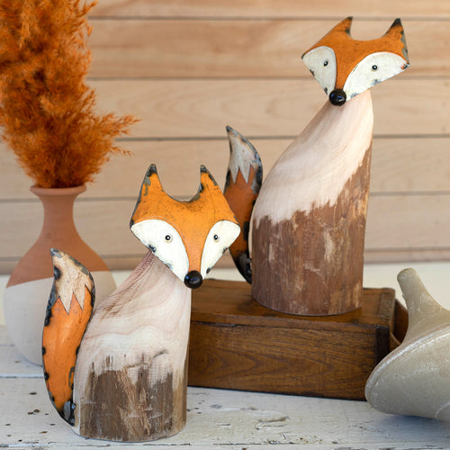 Recycled Wood & Iron Foxes Figurine Set of 2