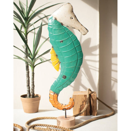 Recycled Iron Seahorse on Wooden Base