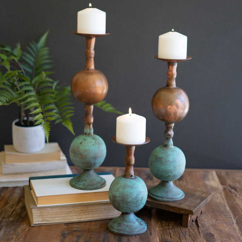 Copper Patina Pillar Candle Holder Set of 3