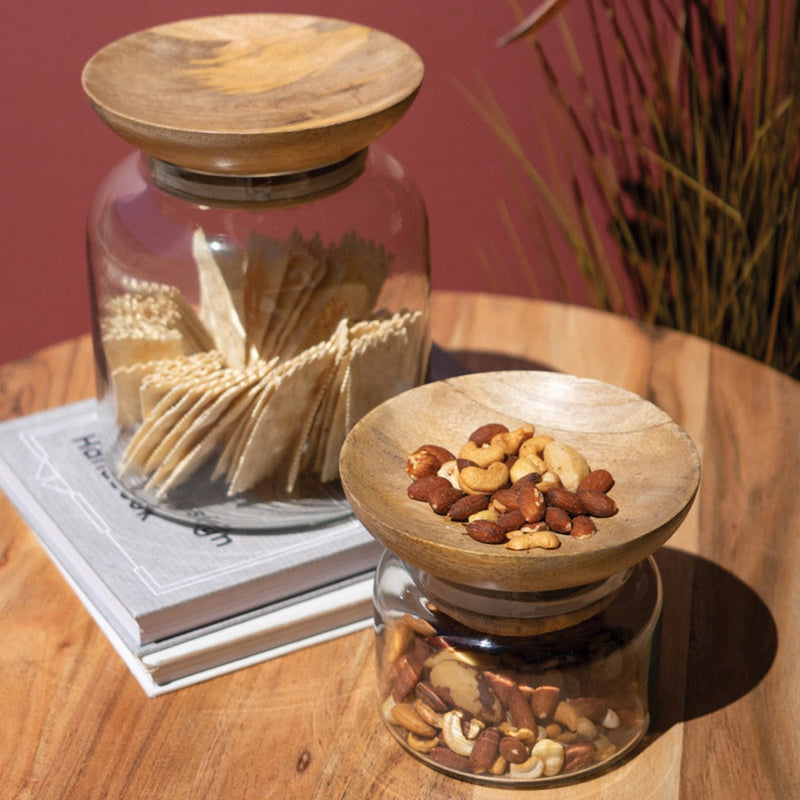 Glass Canisters with Wooden Bowl Lid Set of 2