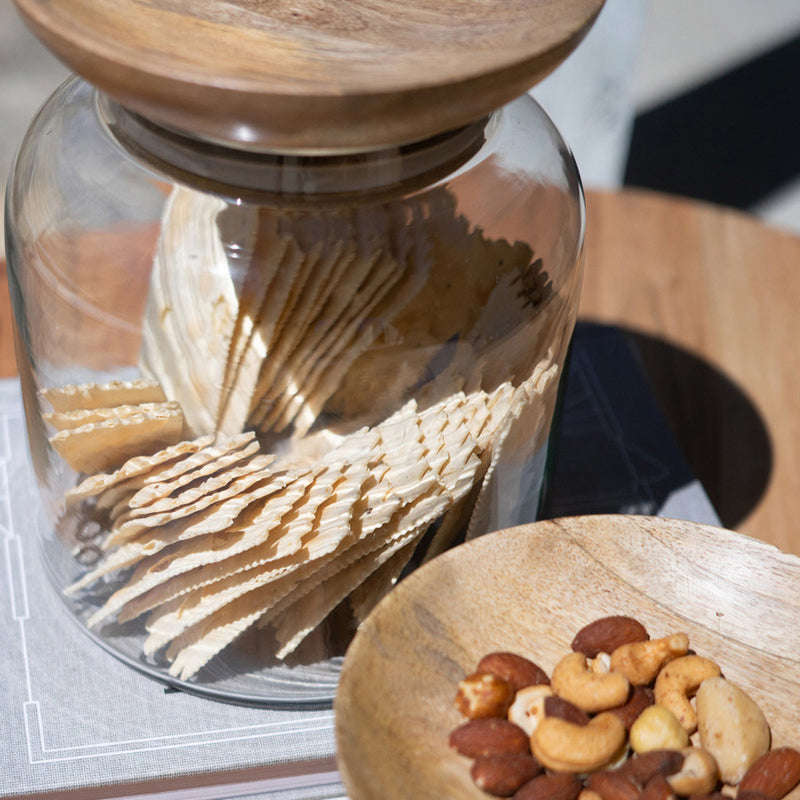 Glass Canisters with Wooden Bowl Lid Set of 2