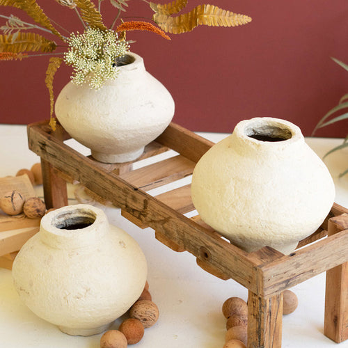 Three Paper Mache Pots with Recycled Wood Base