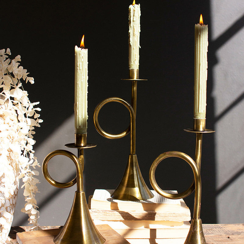 Antique Brass Trumpet Taper Candle Holder Set of 3