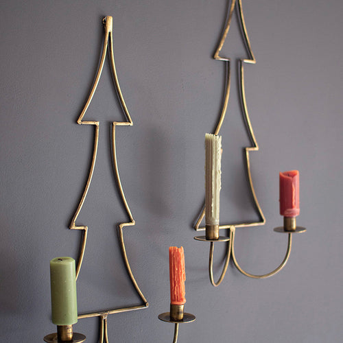 Antique Brass Christmas Tree Wall Candle Sconce Set of 2