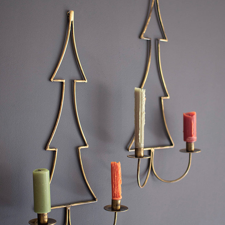 Antique Brass Christmas Tree Wall Candle Sconce Set of 2