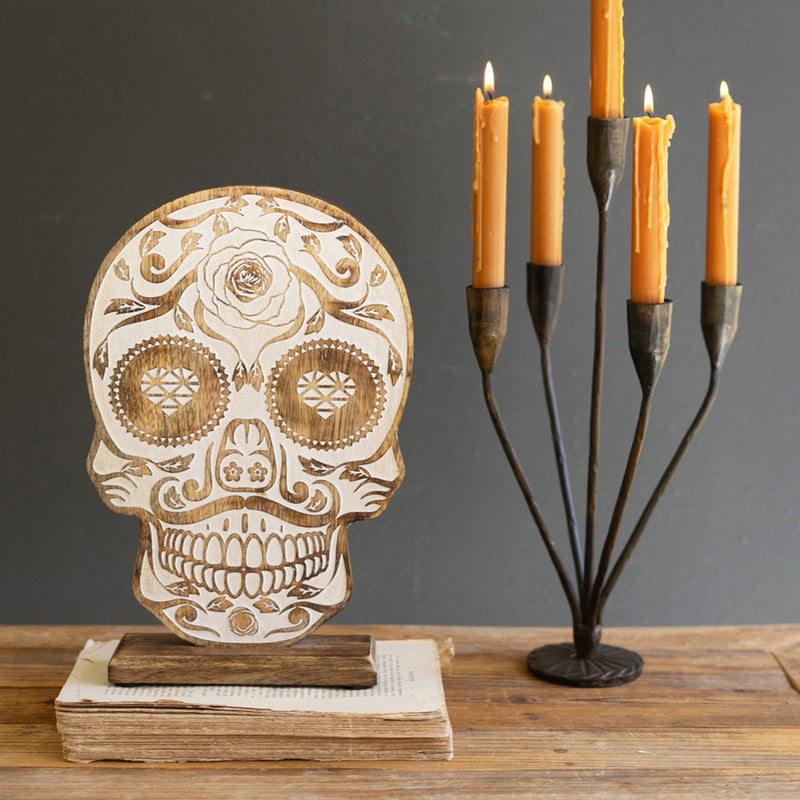 Halloween Skull Carved Wooden Tabletop Accent