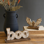 Carved Wooden Halloween Tabletop Boo and Bat Set of 2