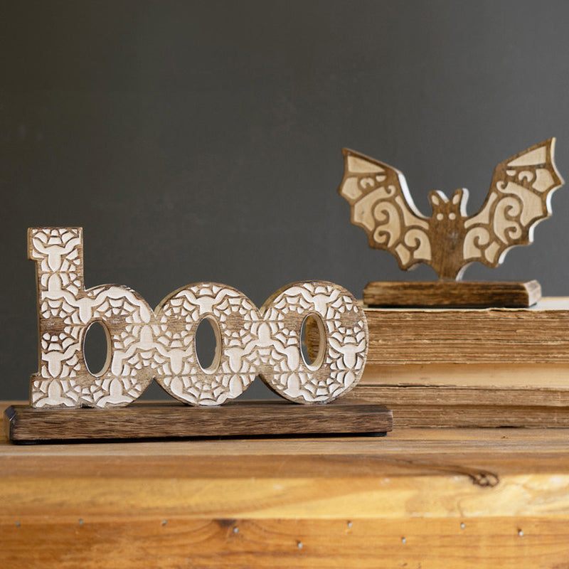 Carved Wooden Halloween Tabletop Boo and Bat Set of 2