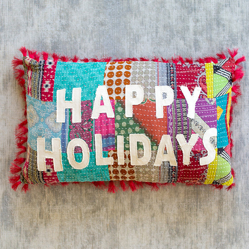 Happy Holiday Kantha Thow Pillow