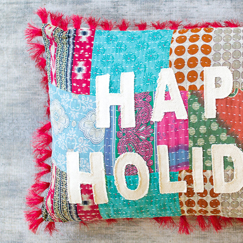 Happy Holiday Kantha Thow Pillow