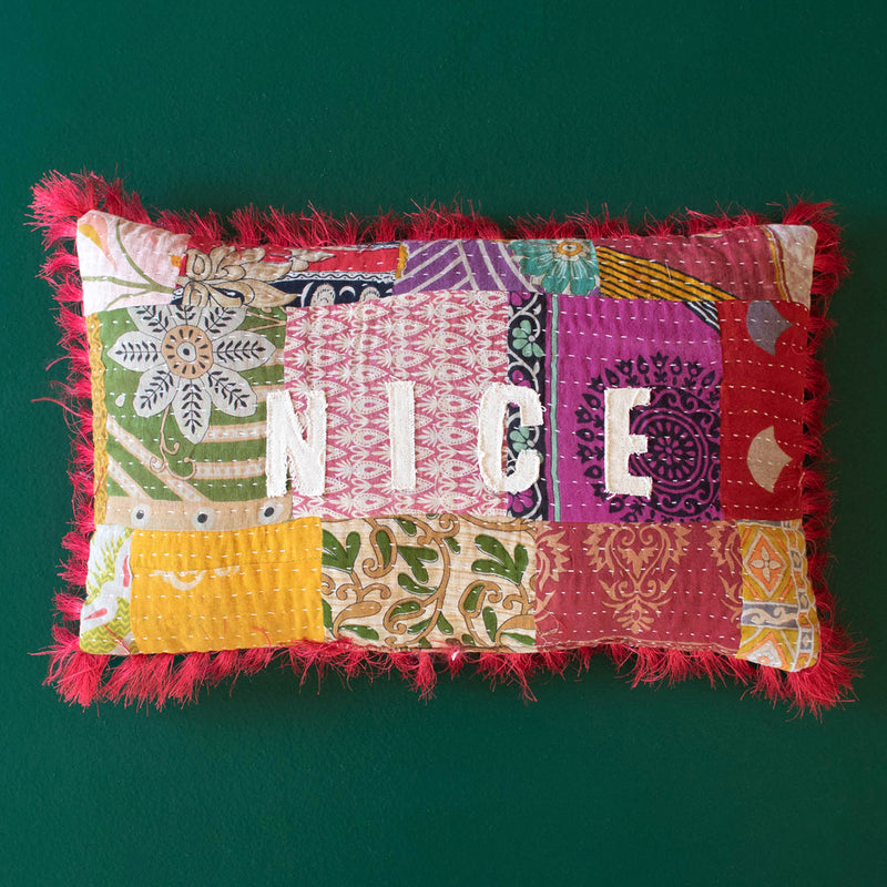 Naughty or Nice Kantha Throw Pillow