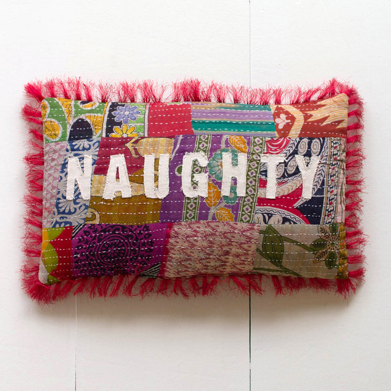 Naughty or Nice Kantha Throw Pillow