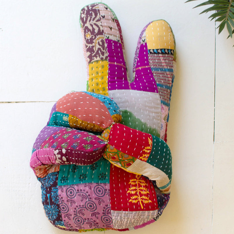 Hand Peace Sign Kantha Throw Pillow