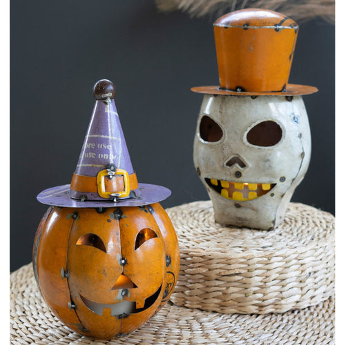 Recycled Iron Halloween Pumpkin and Skull Lantern Set of 2