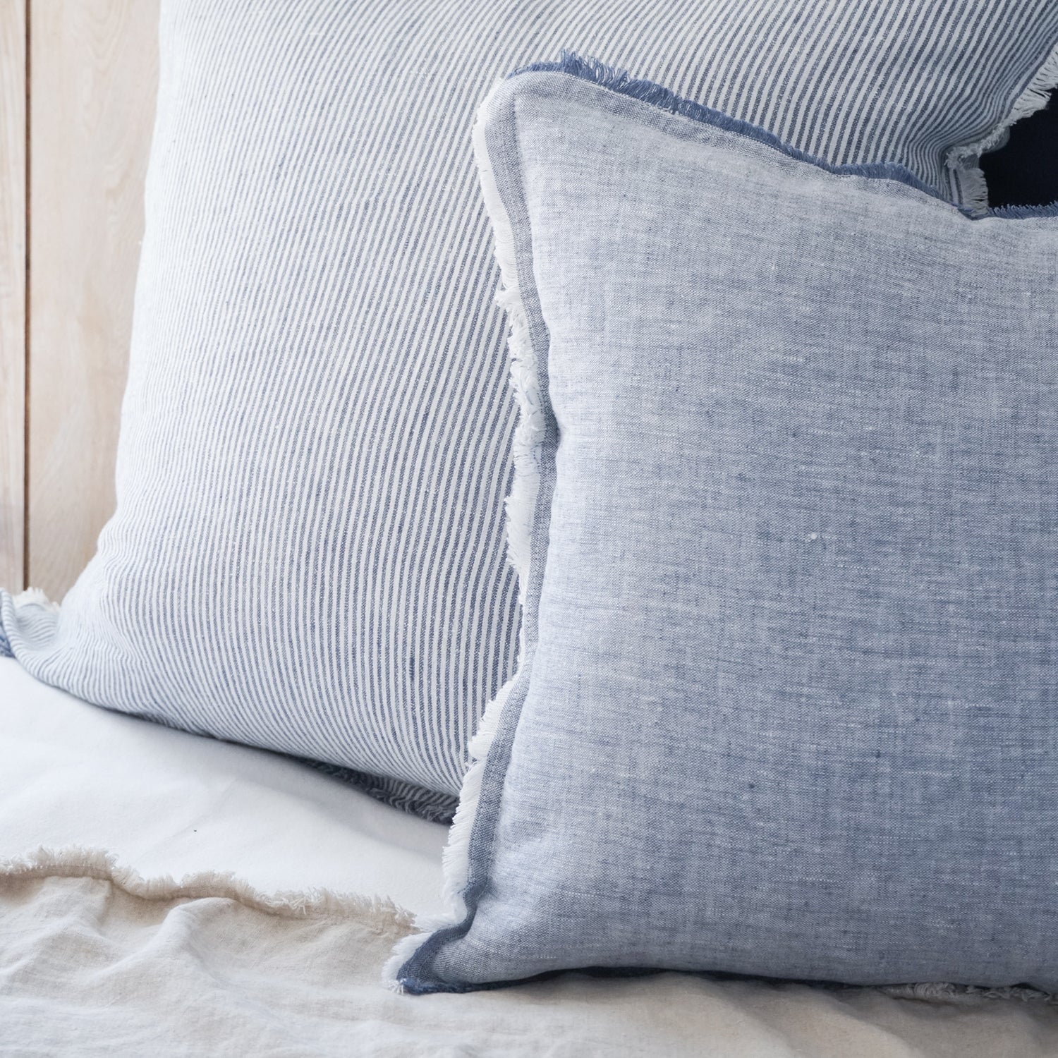 Blue Grey Frayed Ruffled Linen Down Filled Throw Pillow